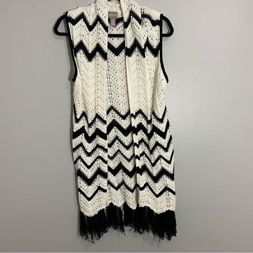 Chico’s Knit White & Black Chevron Long Fringed Sweater Vest
